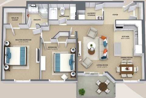 Floor plan for 2 beds, 2 baths, 1045 sqft